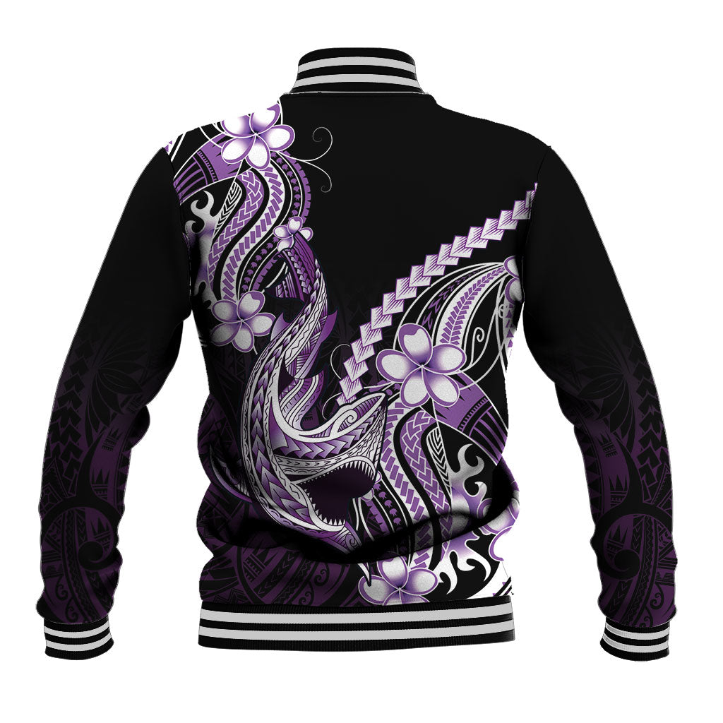 Purple Black Aloha Hawaii Baseball Jacket Polynesian Shark Tattoo Plumeria