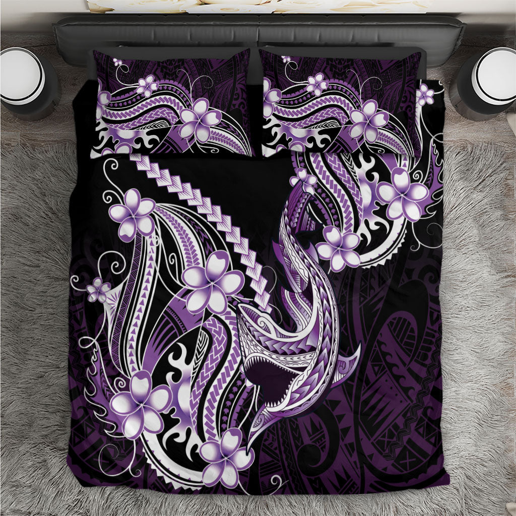 Purple Black Aloha Hawaii Bedding Set Polynesian Shark Tattoo Plumeria