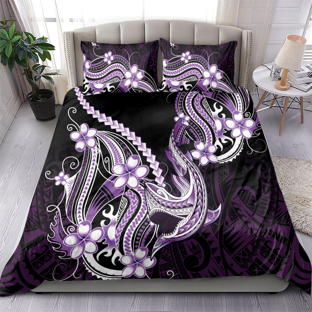 Purple Black Aloha Hawaii Bedding Set Polynesian Shark Tattoo Plumeria