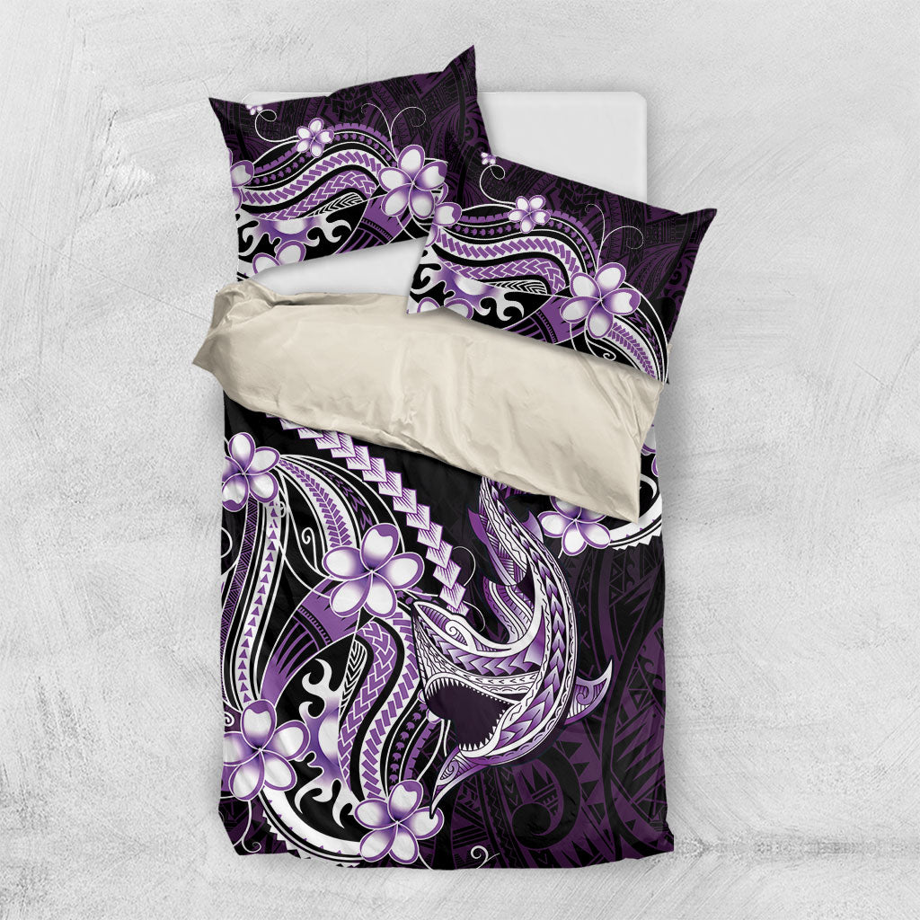 Purple Black Aloha Hawaii Bedding Set Polynesian Shark Tattoo Plumeria