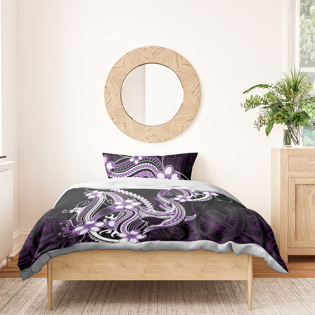 Purple Black Aloha Hawaii Bedding Set Polynesian Shark Tattoo Plumeria