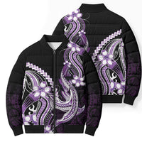 Purple Black Aloha Hawaii Bomber Puffer Jacket Polynesian Shark Tattoo Plumeria