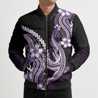 Purple Black Aloha Hawaii Bomber Puffer Jacket Polynesian Shark Tattoo Plumeria