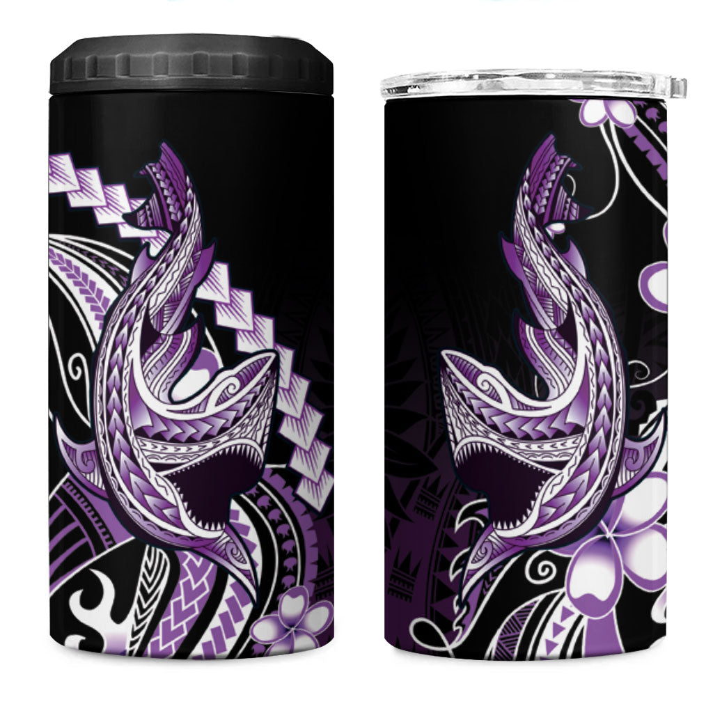 Purple Black Aloha Hawaii 4 in 1 Can Cooler Tumbler Polynesian Shark Tattoo Plumeria