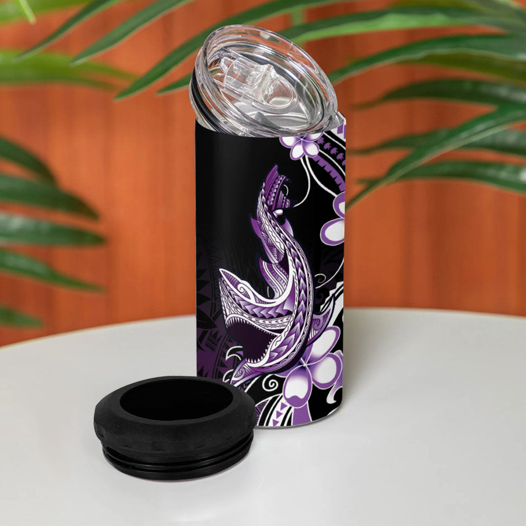 Purple Black Aloha Hawaii 4 in 1 Can Cooler Tumbler Polynesian Shark Tattoo Plumeria
