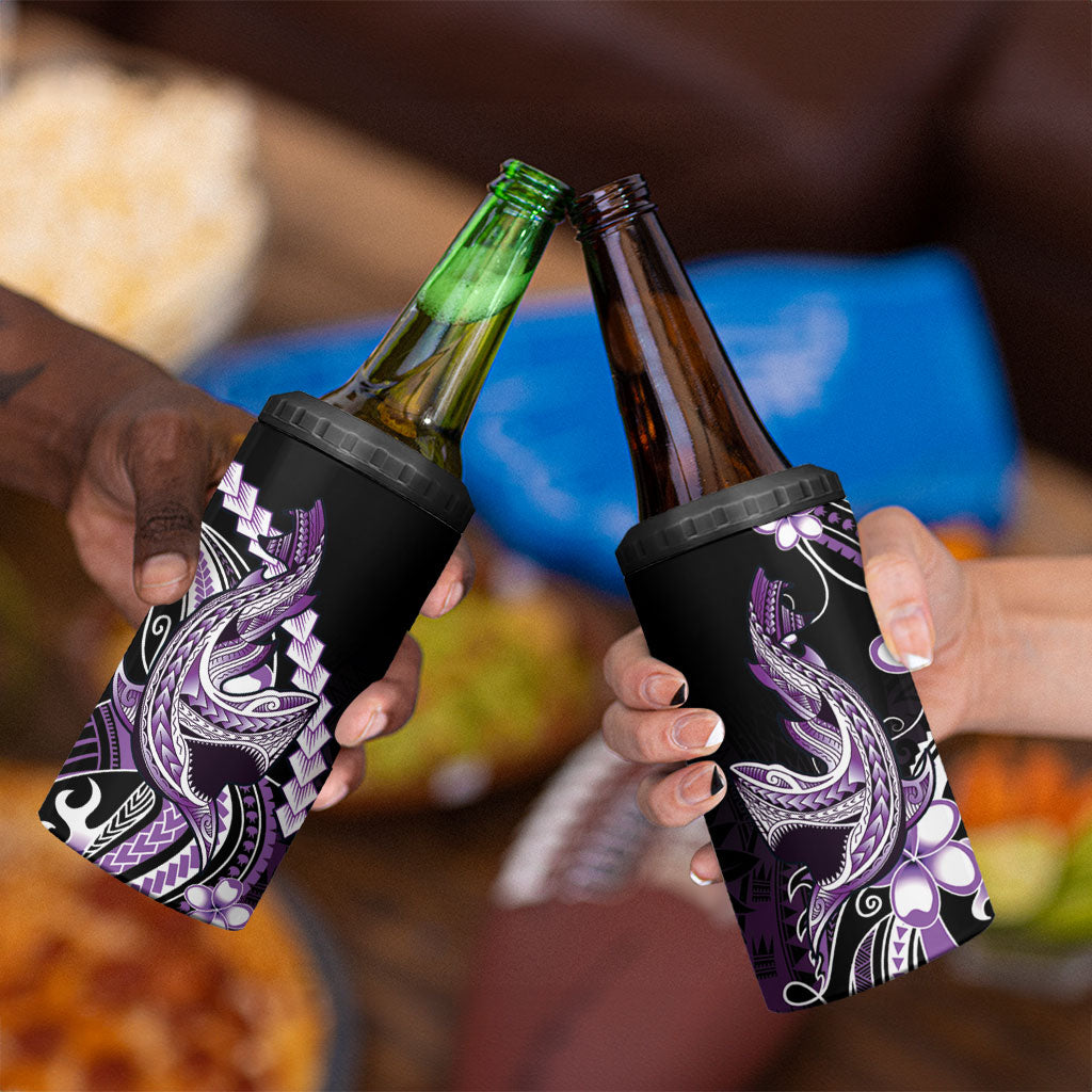 Purple Black Aloha Hawaii 4 in 1 Can Cooler Tumbler Polynesian Shark Tattoo Plumeria