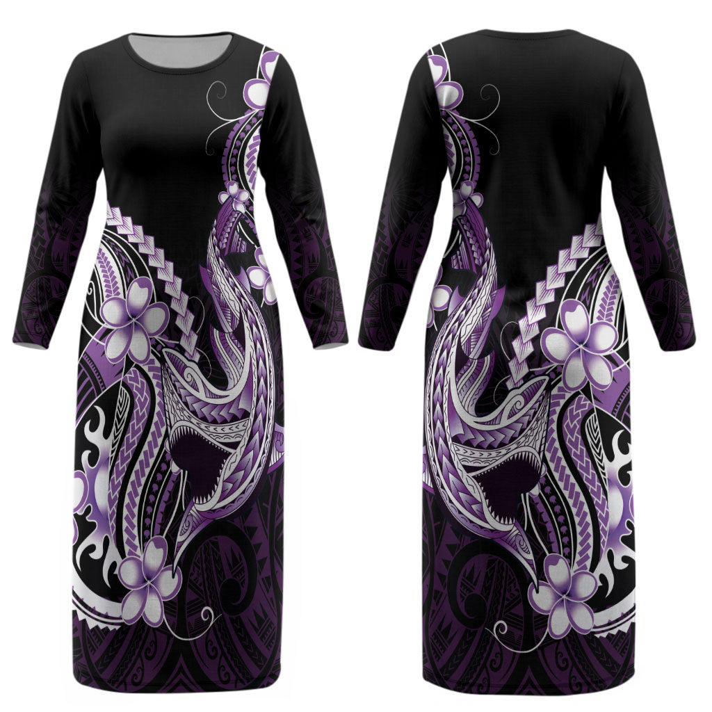 Purple Black Aloha Hawaii Couples Matching Long Sleeve Bodycon Dress and Hawaiian Shirt Polynesian Shark Tattoo Plumeria LT14 - Polynesian Pride