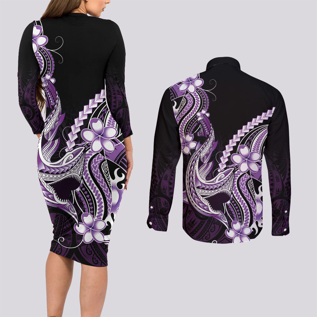 Purple Black Aloha Hawaii Couples Matching Long Sleeve Bodycon Dress and Long Sleeve Button Shirt Polynesian Shark Tattoo Plumeria