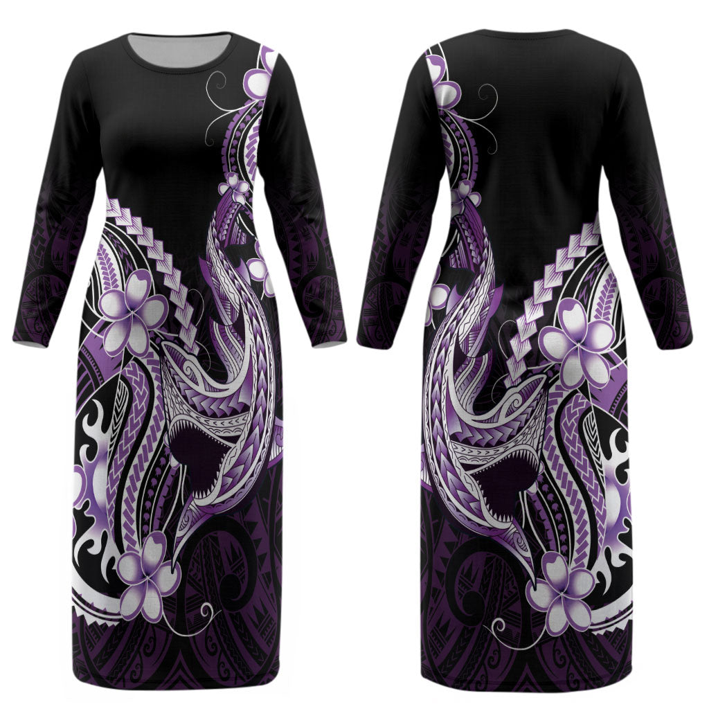 Purple Black Aloha Hawaii Couples Matching Long Sleeve Bodycon Dress and Long Sleeve Button Shirt Polynesian Shark Tattoo Plumeria LT14