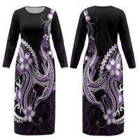 Purple Black Aloha Hawaii Couples Matching Long Sleeve Bodycon Dress and Long Sleeve Button Shirt Polynesian Shark Tattoo Plumeria LT14