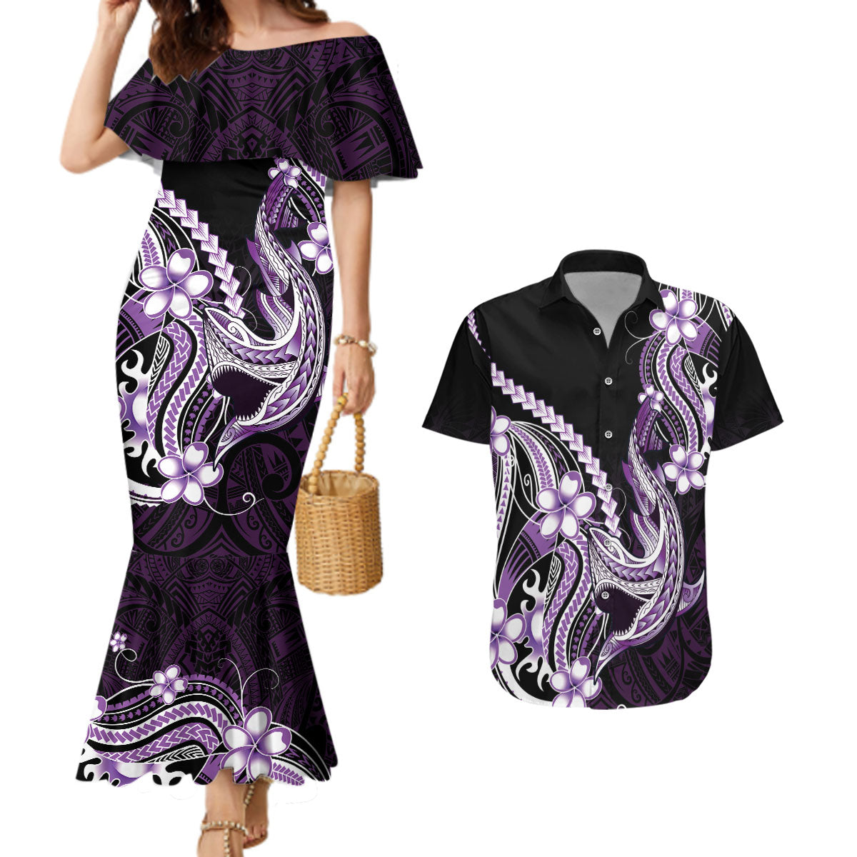 Purple Black Aloha Hawaii Couples Matching Mermaid Dress and Hawaiian Shirt Polynesian Shark Tattoo Plumeria LT14 Purple - Polynesian Pride