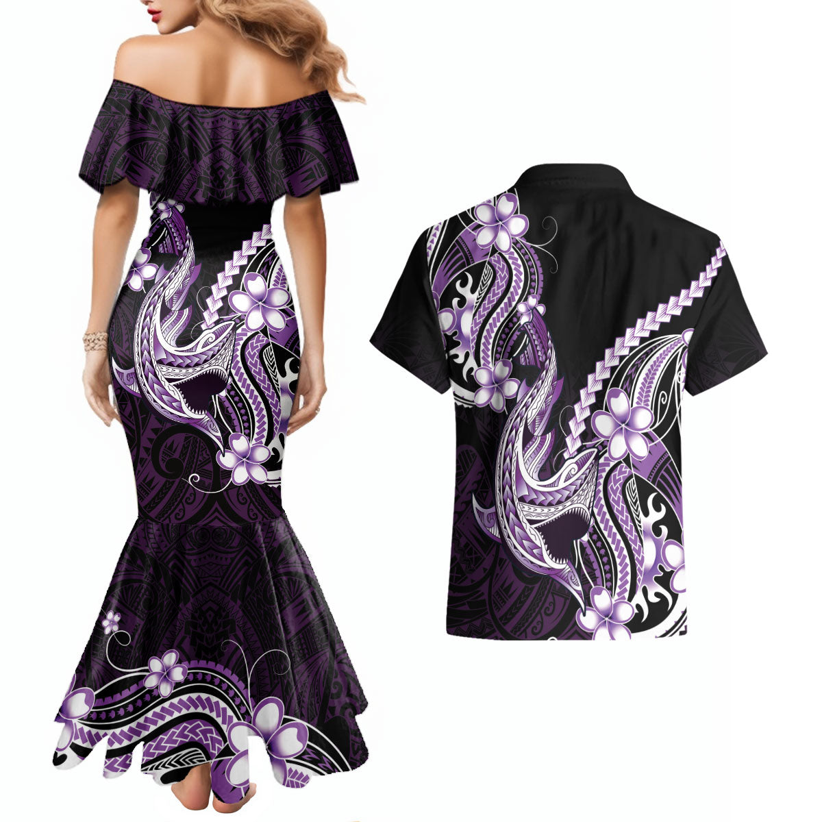 Purple Black Aloha Hawaii Couples Matching Mermaid Dress and Hawaiian Shirt Polynesian Shark Tattoo Plumeria