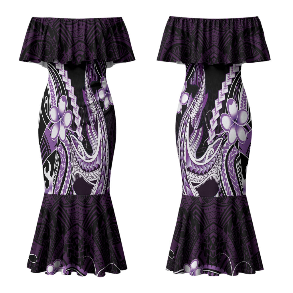 Purple Black Aloha Hawaii Couples Matching Mermaid Dress and Hawaiian Shirt Polynesian Shark Tattoo Plumeria LT14