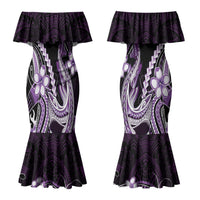 Purple Black Aloha Hawaii Couples Matching Mermaid Dress and Hawaiian Shirt Polynesian Shark Tattoo Plumeria LT14