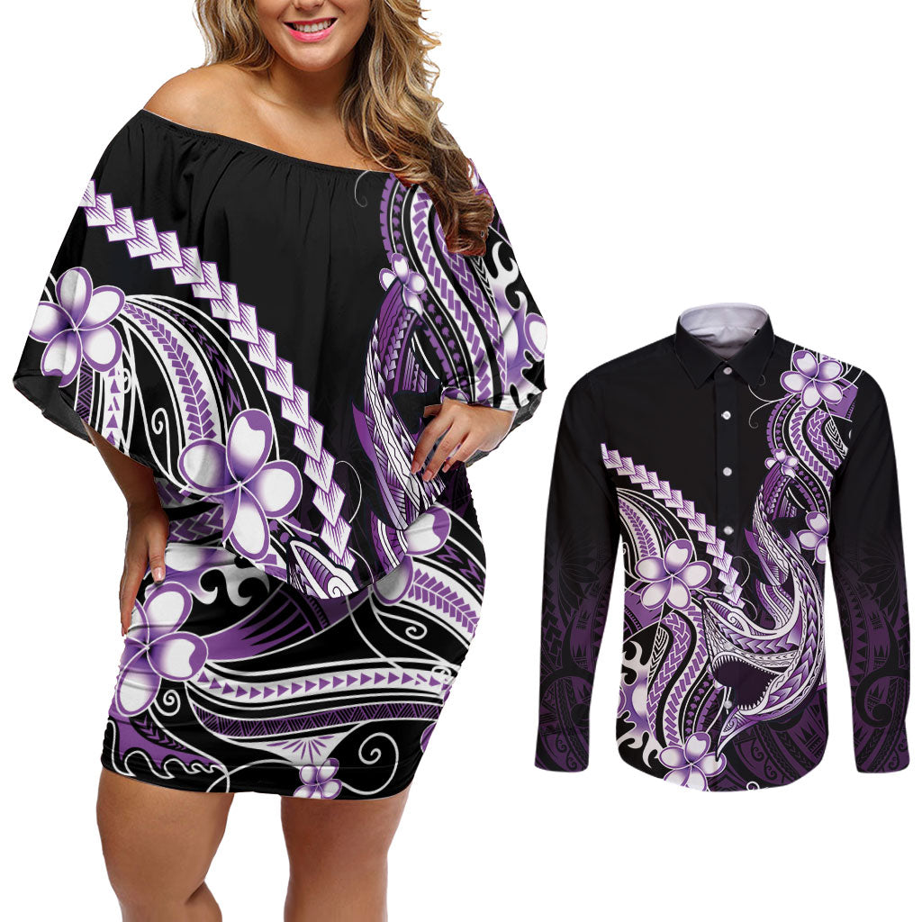 Purple Black Aloha Hawaii Couples Matching Off Shoulder Short Dress and Long Sleeve Button Shirt Polynesian Shark Tattoo Plumeria