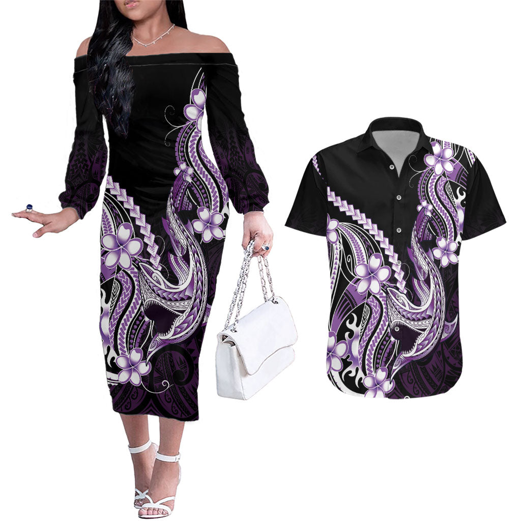 Purple Black Aloha Hawaii Couples Matching Off The Shoulder Long Sleeve Dress and Hawaiian Shirt Polynesian Shark Tattoo Plumeria LT14 Purple - Polynesian Pride