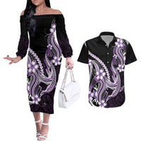 Purple Black Aloha Hawaii Couples Matching Off The Shoulder Long Sleeve Dress and Hawaiian Shirt Polynesian Shark Tattoo Plumeria