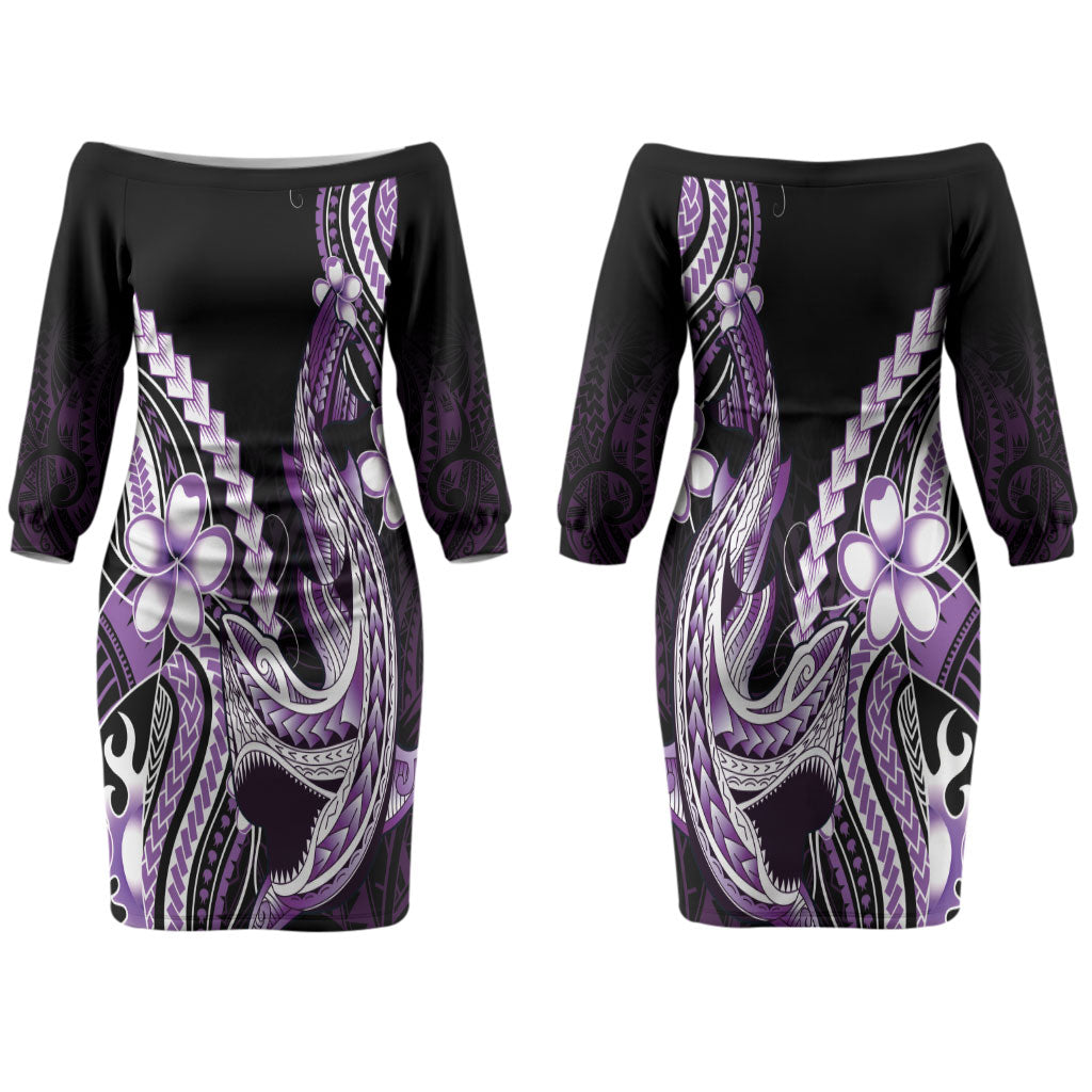 Purple Black Aloha Hawaii Couples Matching Off The Shoulder Long Sleeve Dress and Long Sleeve Button Shirt Polynesian Shark Tattoo Plumeria LT14