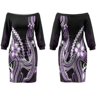 Purple Black Aloha Hawaii Couples Matching Off The Shoulder Long Sleeve Dress and Long Sleeve Button Shirt Polynesian Shark Tattoo Plumeria LT14