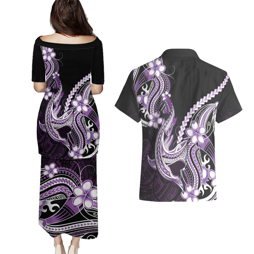 Purple Black Aloha Hawaii Couples Matching Puletasi and Hawaiian Shirt Polynesian Shark Tattoo Plumeria