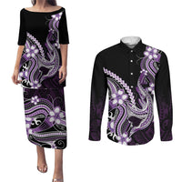 Purple Black Aloha Hawaii Couples Matching Puletasi and Long Sleeve Button Shirt Polynesian Shark Tattoo Plumeria