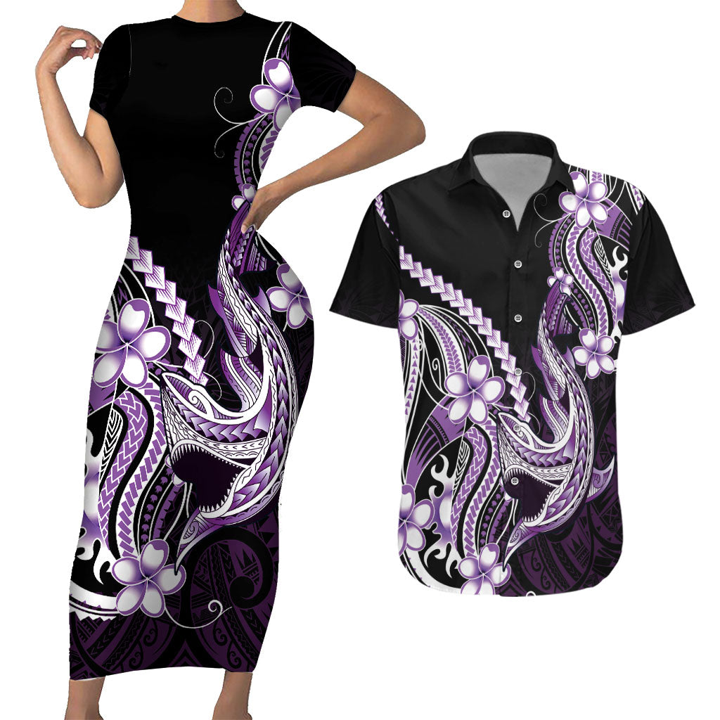 Purple Black Aloha Hawaii Couples Matching Short Sleeve Bodycon Dress and Hawaiian Shirt Polynesian Shark Tattoo Plumeria