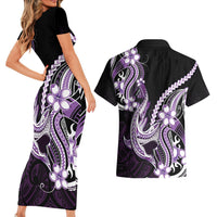 Purple Black Aloha Hawaii Couples Matching Short Sleeve Bodycon Dress and Hawaiian Shirt Polynesian Shark Tattoo Plumeria