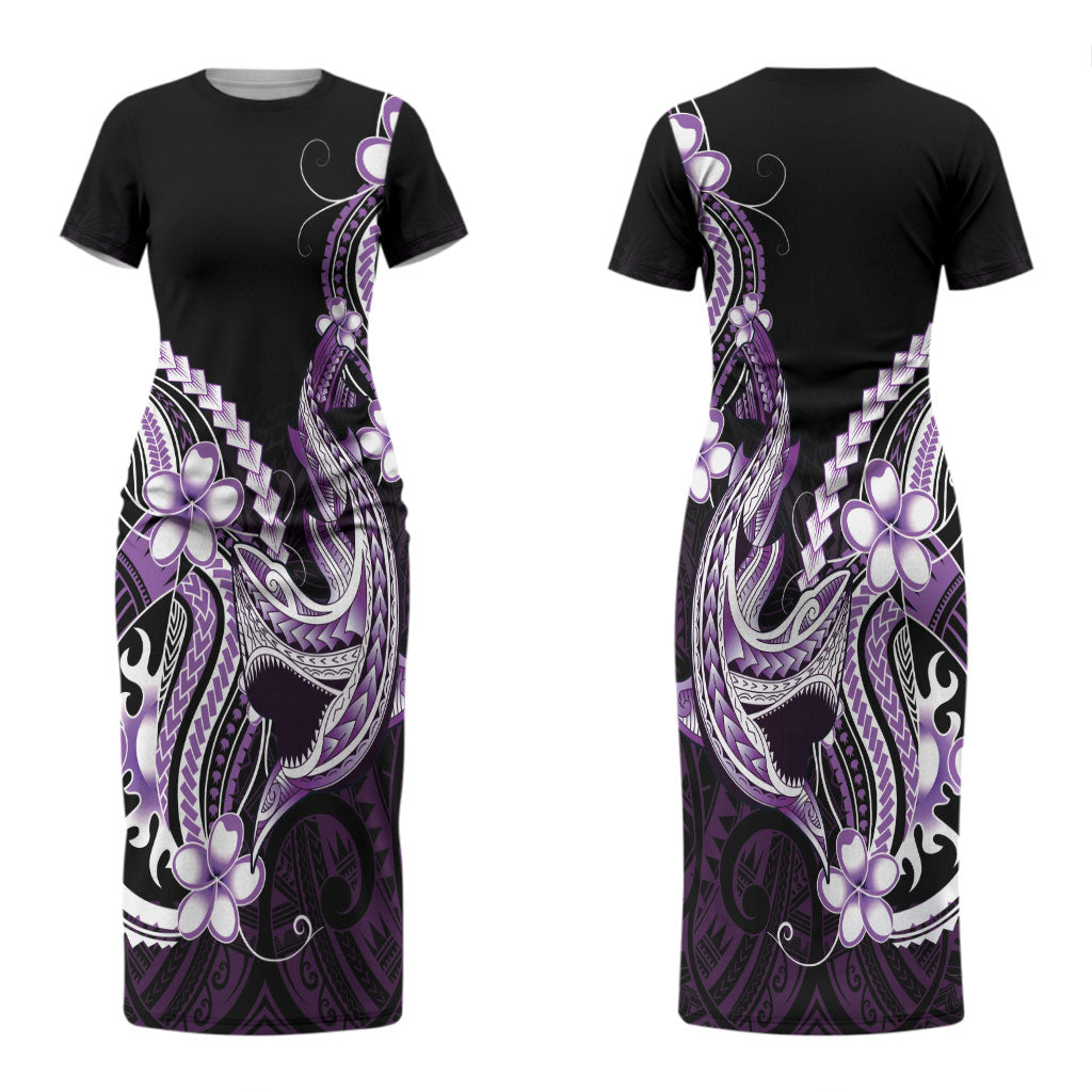 Purple Black Aloha Hawaii Couples Matching Short Sleeve Bodycon Dress and Hawaiian Shirt Polynesian Shark Tattoo Plumeria LT14 - Polynesian Pride