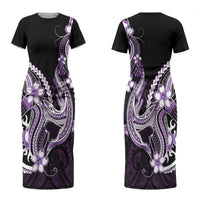 Purple Black Aloha Hawaii Couples Matching Short Sleeve Bodycon Dress and Hawaiian Shirt Polynesian Shark Tattoo Plumeria LT14 - Polynesian Pride