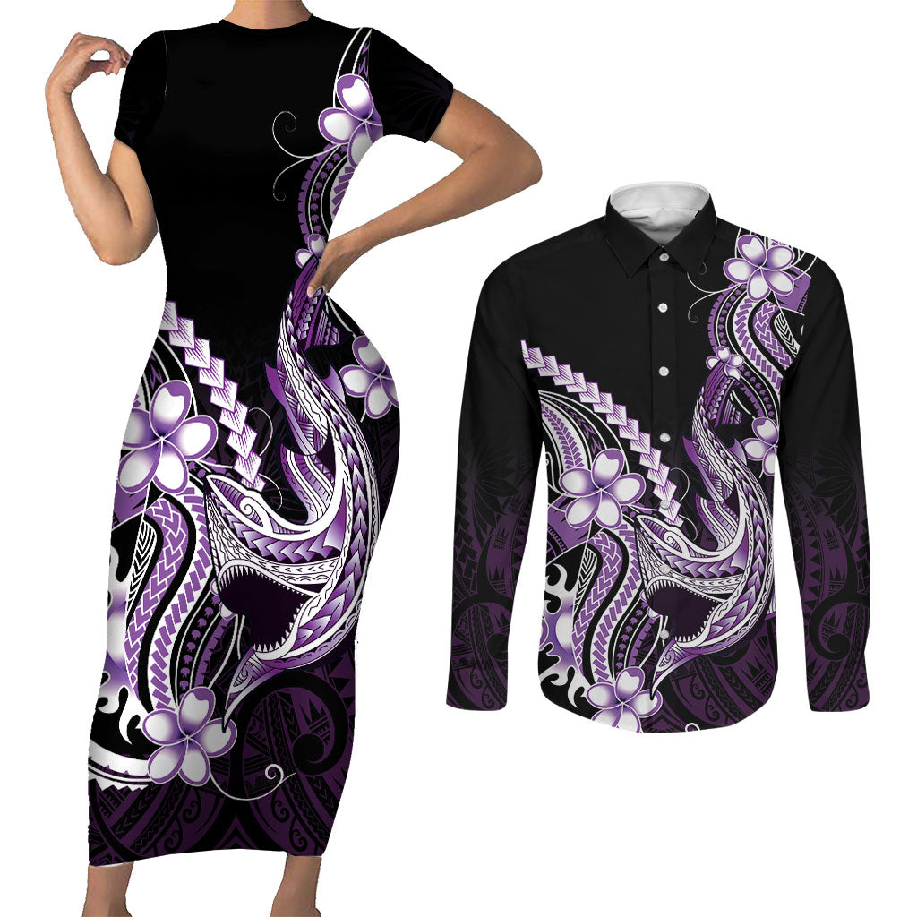 Purple Black Aloha Hawaii Couples Matching Short Sleeve Bodycon Dress and Long Sleeve Button Shirt Polynesian Shark Tattoo Plumeria