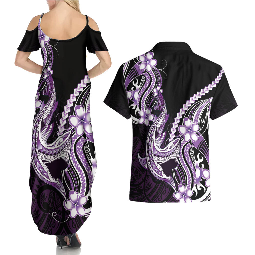 Purple Black Aloha Hawaii Couples Matching Summer Maxi Dress and Hawaiian Shirt Polynesian Shark Tattoo Plumeria