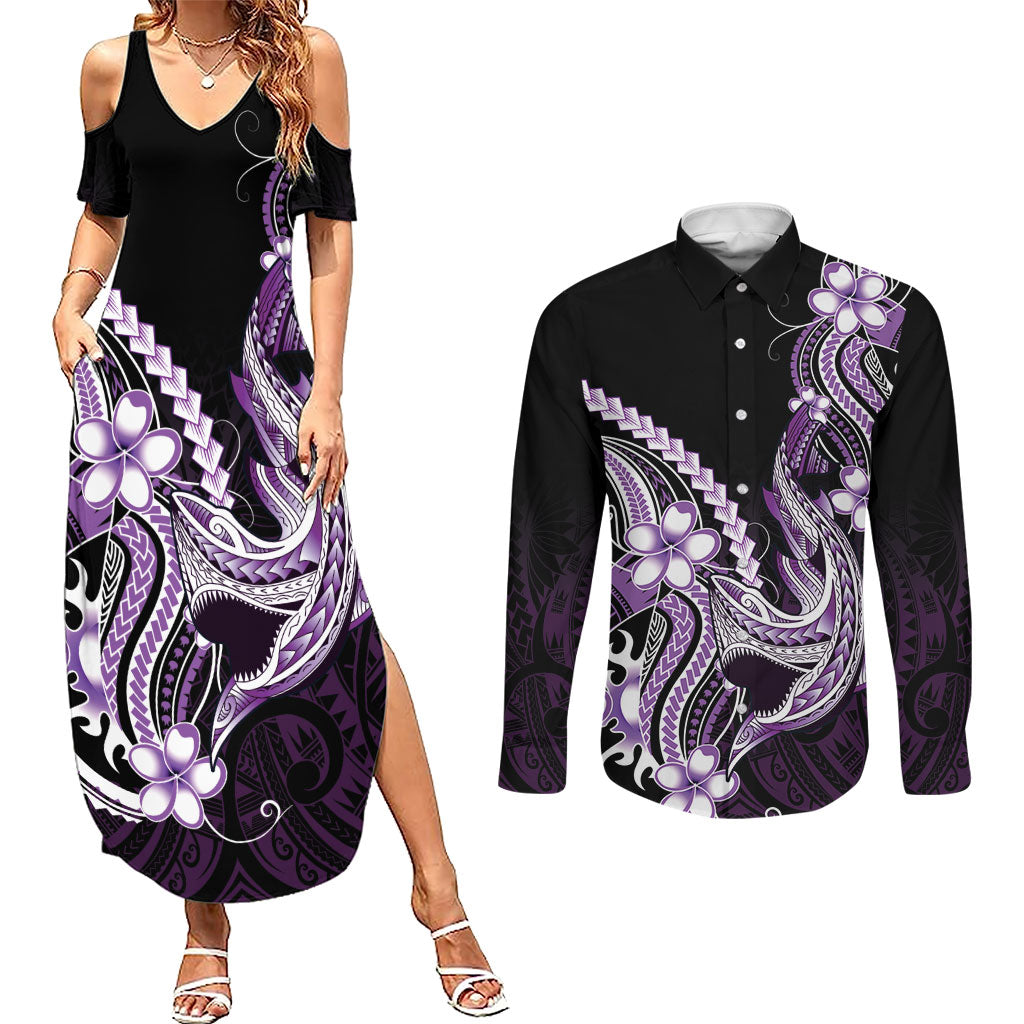 Purple Black Aloha Hawaii Couples Matching Summer Maxi Dress and Long Sleeve Button Shirt Polynesian Shark Tattoo Plumeria LT14 Purple - Polynesian Pride