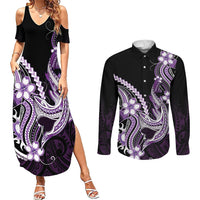 Purple Black Aloha Hawaii Couples Matching Summer Maxi Dress and Long Sleeve Button Shirt Polynesian Shark Tattoo Plumeria