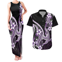 Purple Black Aloha Hawaii Couples Matching Tank Maxi Dress and Hawaiian Shirt Polynesian Shark Tattoo Plumeria