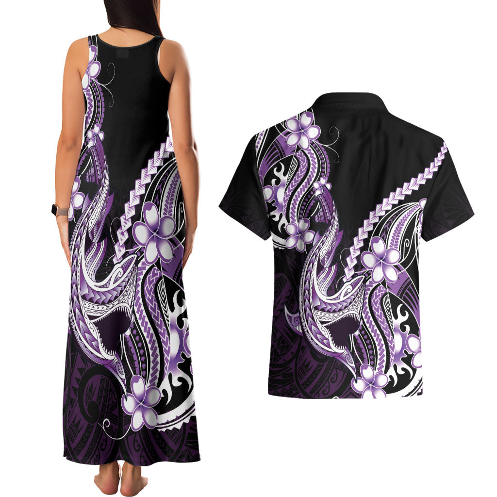 Purple Black Aloha Hawaii Couples Matching Tank Maxi Dress and Hawaiian Shirt Polynesian Shark Tattoo Plumeria