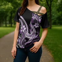 Purple Black Aloha Hawaii Cross Shoulder Shirt Polynesian Shark Tattoo Plumeria