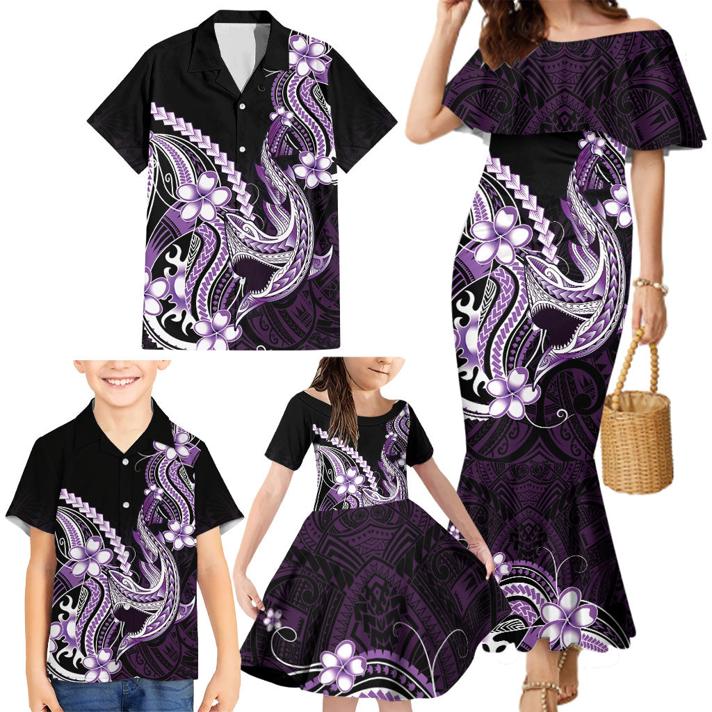 Purple Black Aloha Hawaii Family Matching Mermaid Dress and Hawaiian Shirt Polynesian Shark Tattoo Plumeria LT14 - Polynesian Pride