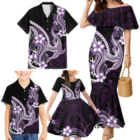 Purple Black Aloha Hawaii Family Matching Mermaid Dress and Hawaiian Shirt Polynesian Shark Tattoo Plumeria