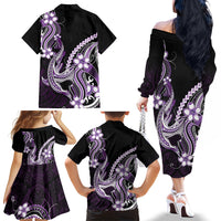Purple Black Aloha Hawaii Family Matching Off The Shoulder Long Sleeve Dress and Hawaiian Shirt Polynesian Shark Tattoo Plumeria