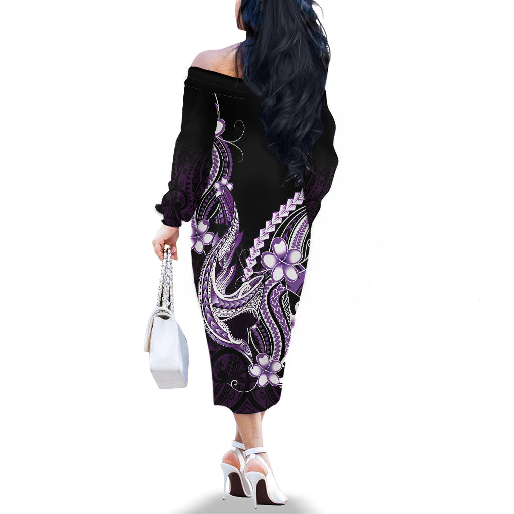Purple Black Aloha Hawaii Family Matching Off The Shoulder Long Sleeve Dress and Hawaiian Shirt Polynesian Shark Tattoo Plumeria