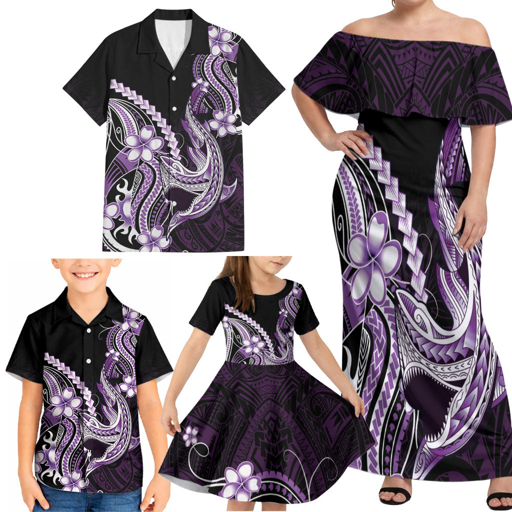 Purple Black Aloha Hawaii Family Matching Off Shoulder Maxi Dress and Hawaiian Shirt Polynesian Shark Tattoo Plumeria LT14 - Polynesian Pride