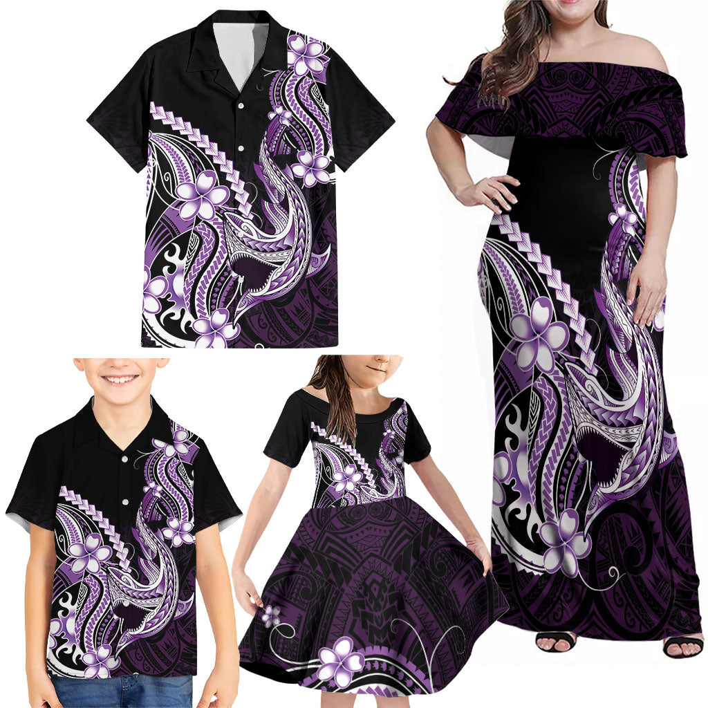 Purple Black Aloha Hawaii Family Matching Off Shoulder Maxi Dress and Hawaiian Shirt Polynesian Shark Tattoo Plumeria LT14 - Polynesian Pride