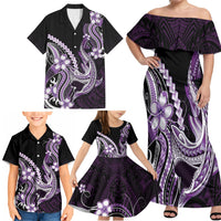 Purple Black Aloha Hawaii Family Matching Off Shoulder Maxi Dress and Hawaiian Shirt Polynesian Shark Tattoo Plumeria LT14 - Polynesian Pride