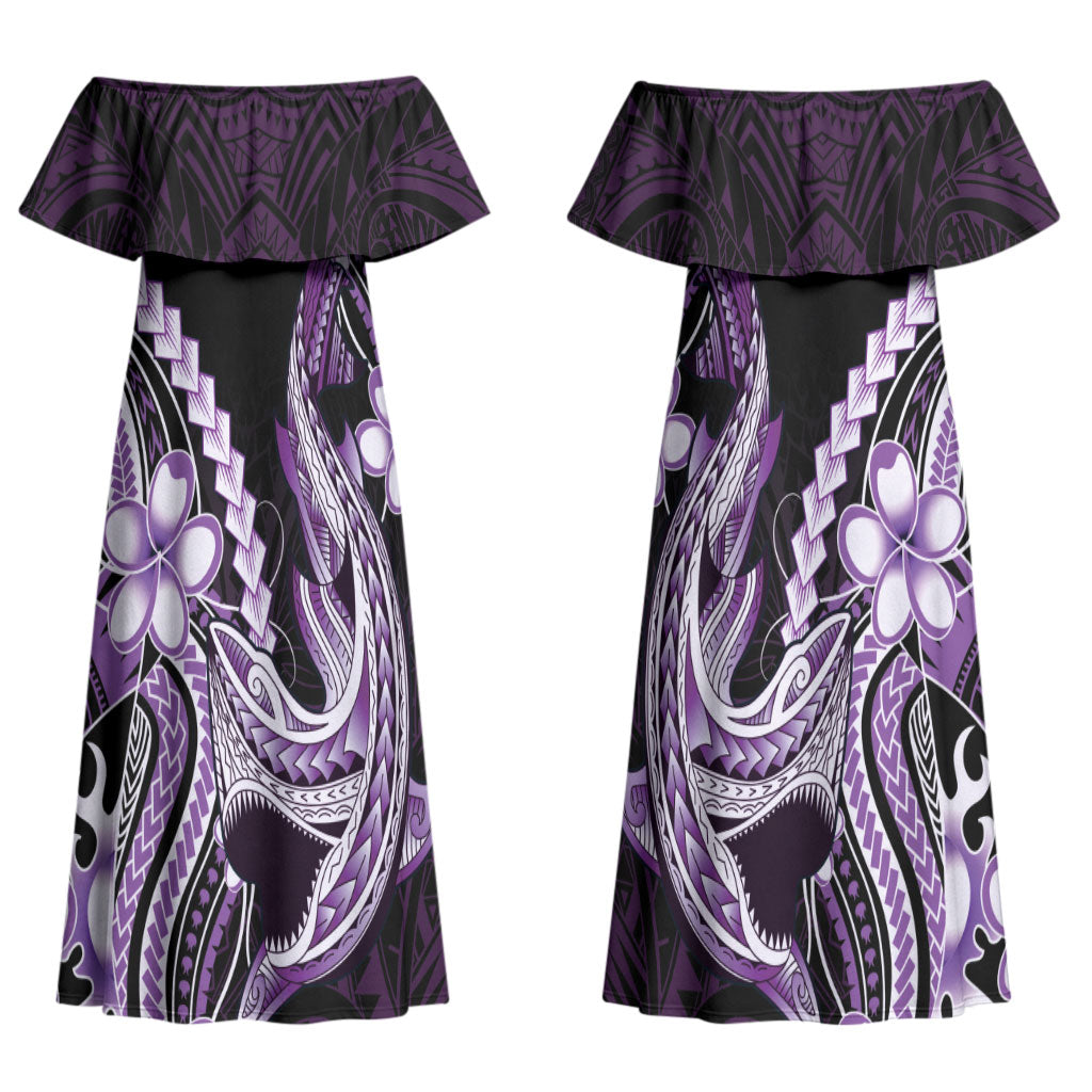 Purple Black Aloha Hawaii Family Matching Off Shoulder Maxi Dress and Hawaiian Shirt Polynesian Shark Tattoo Plumeria LT14 Mom's Dress Purple - Polynesian Pride