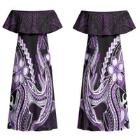 Purple Black Aloha Hawaii Family Matching Off Shoulder Maxi Dress and Hawaiian Shirt Polynesian Shark Tattoo Plumeria LT14 Mom's Dress Purple - Polynesian Pride