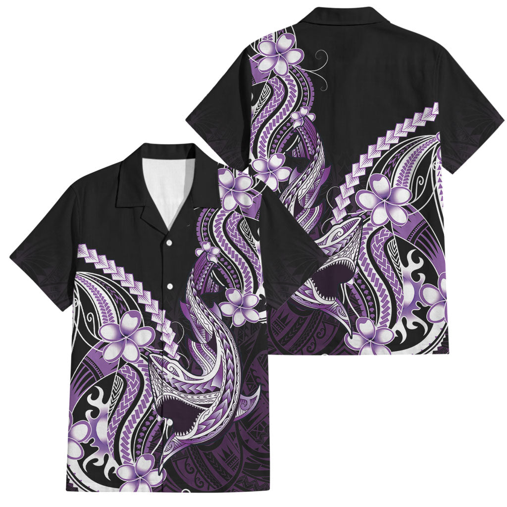 Purple Black Aloha Hawaii Family Matching Off Shoulder Maxi Dress and Hawaiian Shirt Polynesian Shark Tattoo Plumeria LT14 Dad's Shirt - Short Sleeve Purple - Polynesian Pride