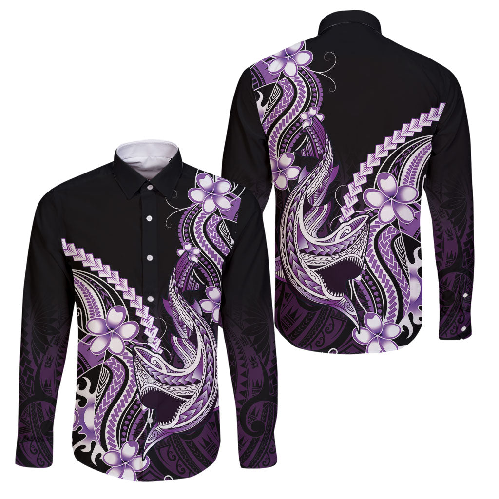 Purple Black Aloha Hawaii Family Matching Off Shoulder Maxi Dress and Hawaiian Shirt Polynesian Shark Tattoo Plumeria LT14 Dad's Shirt - Long Sleeve Purple - Polynesian Pride