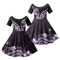 Purple Black Aloha Hawaii Family Matching Off Shoulder Maxi Dress and Hawaiian Shirt Polynesian Shark Tattoo Plumeria LT14 Daughter's Dress Purple - Polynesian Pride