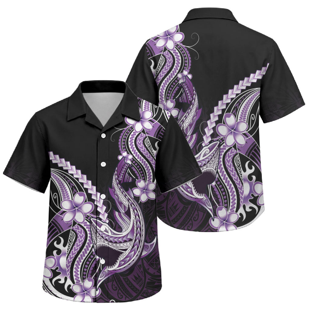 Purple Black Aloha Hawaii Family Matching Off Shoulder Maxi Dress and Hawaiian Shirt Polynesian Shark Tattoo Plumeria LT14 Son's Shirt Purple - Polynesian Pride