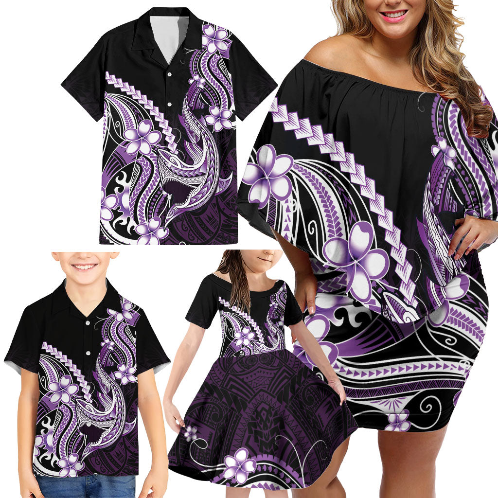Purple Black Aloha Hawaii Family Matching Off Shoulder Short Dress and Hawaiian Shirt Polynesian Shark Tattoo Plumeria LT14 - Polynesian Pride